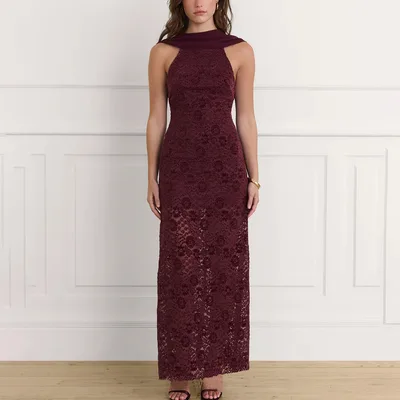 Lace Sleeveless Sexy Backless Waist Trimming Sheath Dress Wine Red - Shop at LoveMi