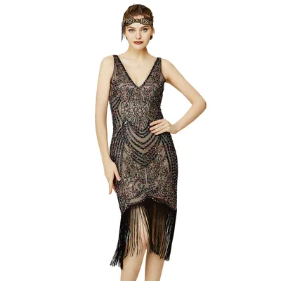 Vintage Masquerade V neck Party Gathering Sequined Tassel Dress Black Apricot - Shop at LoveMi