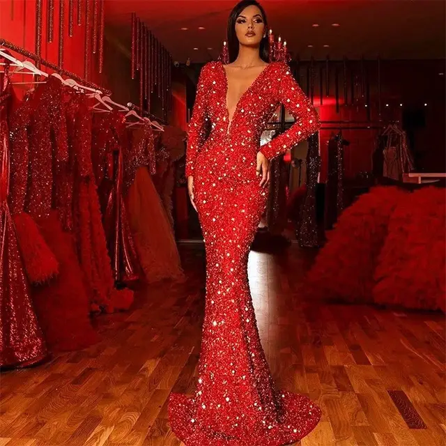 Women's Sheath Dress Fishtail Red Paillette Long Sleeve Red - Shop at LoveMi
