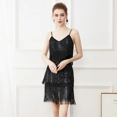 Fashion Party Sequined Suspender Tassel Sexy V neck Dress Black Color - Shop at LoveMi
