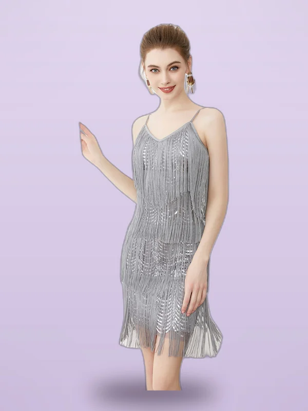 Fashion Party Sequined Suspender Tassel Sexy V neck Dress Gray - Shop at LoveMi