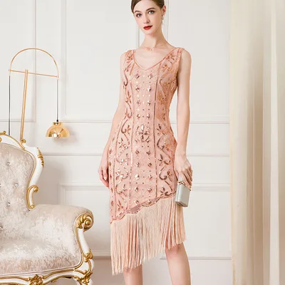 Vintage Party Sequin Bead Irregular Tassel Dress Rose Gold Pink - Shop at LoveMi
