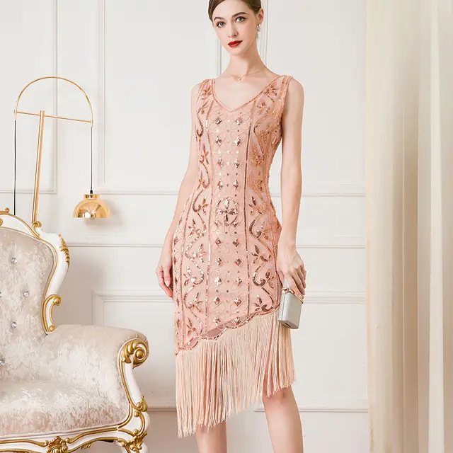 Vintage Party Sequin Bead Irregular Tassel Dress Rose Gold Pink - Shop at LoveMi