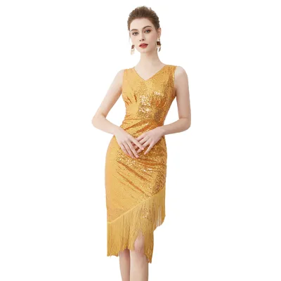 High Waist Sequined Tassel Birthday Party Prom Sexy V neck Dance Dress Gold Yellow - Shop at LoveMi