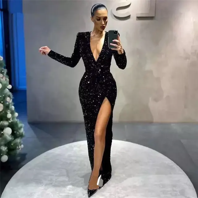 Women's Sexy Deep V Long Sleeve Slim fit Sequined Dress Black - Shop at LoveMi
