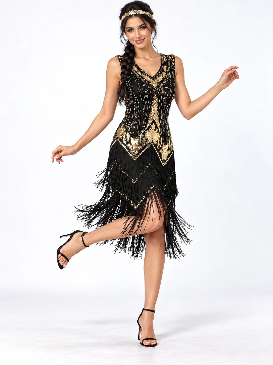 V-neck Sequins Beaded Double-layered Tassel Dress - Black Gold