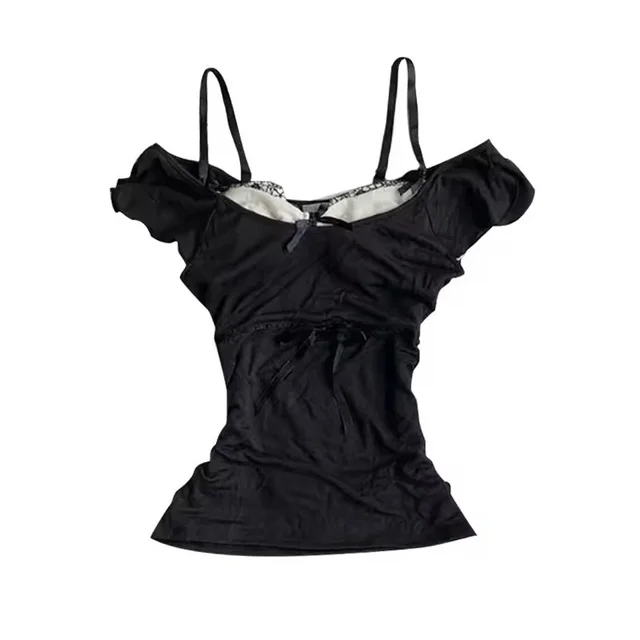 Fashion Trendy Strap Fake Two piece Black Top Black - Shop at LoveMi