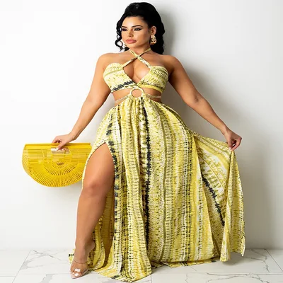 Women's Printed Sexy Cross Tied Dress Yellow - Shop at LoveMi