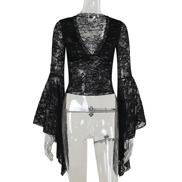 New Halloween Dark Style Elegant Lace V neck Bead Chain Top For Women Black - Shop at LoveMi