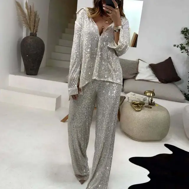 Fashion Casual Women's Clothing Sequin Coat Trousers Top Suit Silver - Shop at LoveMi