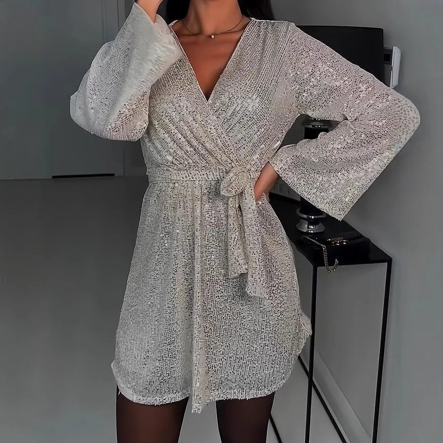New V-neck Sequin Sequined Long Sleeve Dress - Silver