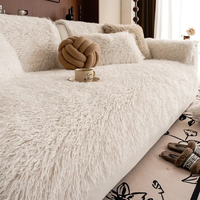 New Autumn And Winter Thickening Plush Sofa Cushion Beige - Shop at LoveMi