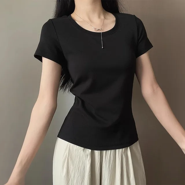 Solid Color Korean Style All match U collar Bottoming Top Women's Summer Cotton Short Sleeve Shoulder T shirt Women Black - Shop at LoveMi