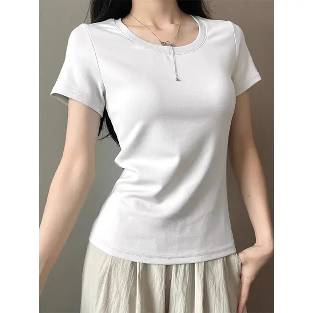 Solid Color Korean Style All match U collar Bottoming Top Women's Summer Cotton Short Sleeve Shoulder T shirt Women White - Shop at LoveMi