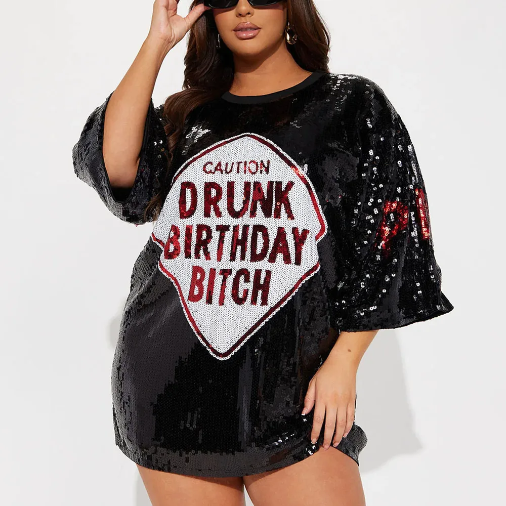 Sequins Glitter Letter Embroidery Loose T-shirt Skirt - Black - View 1