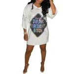 Sequins Glitter Letter Embroidery Loose T-shirt Skirt - White Letters