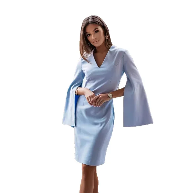 Fashionable With Side slit Long Sleeve Solid Color Slim Dress For Women Blue - Shop at LoveMi