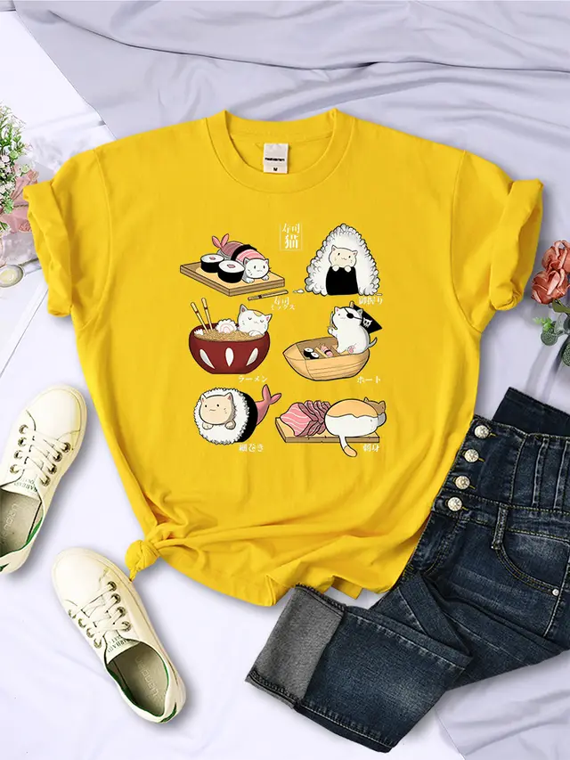 Sushi Cats Day Harajuku Print Female Shirts FashT shirt Yellow - Shop at LoveMi