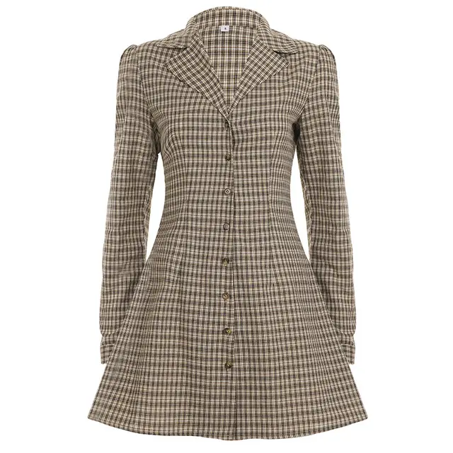 Shirt Collar Slim fit Slimming Breasted Long sleeved Dress Brown - Shop at LoveMi