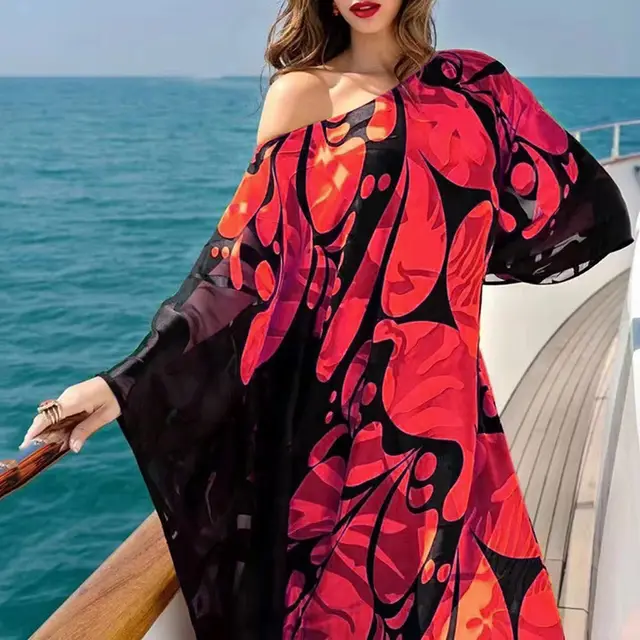 Women's Sloping Shoulder Dress Bohemian Print Loose Off the shoulder Image Color 2 - Shop at LoveMi