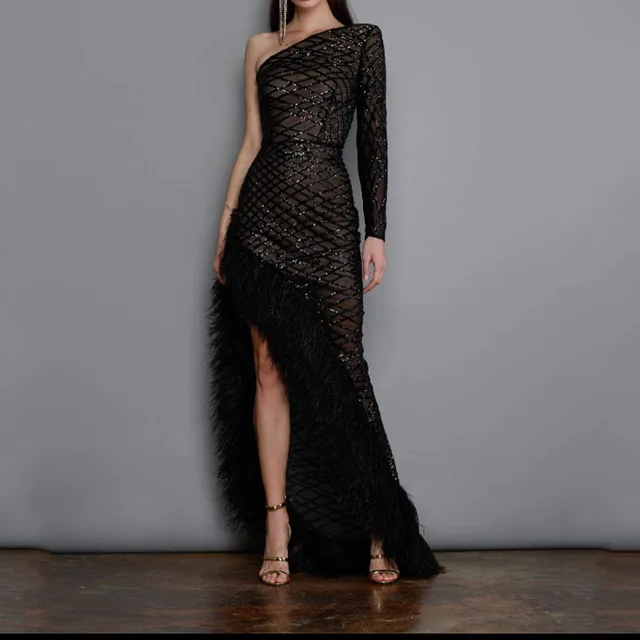 Women's Solid Color Sleeveless Irregular Diagonal Collar Temperament Mesh Evening Dress Black - Shop at LoveMi