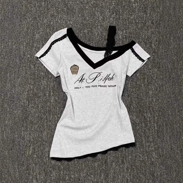American V neck Short sleeved T shirt Female Summer Advanced Light Gray - Shop at LoveMi