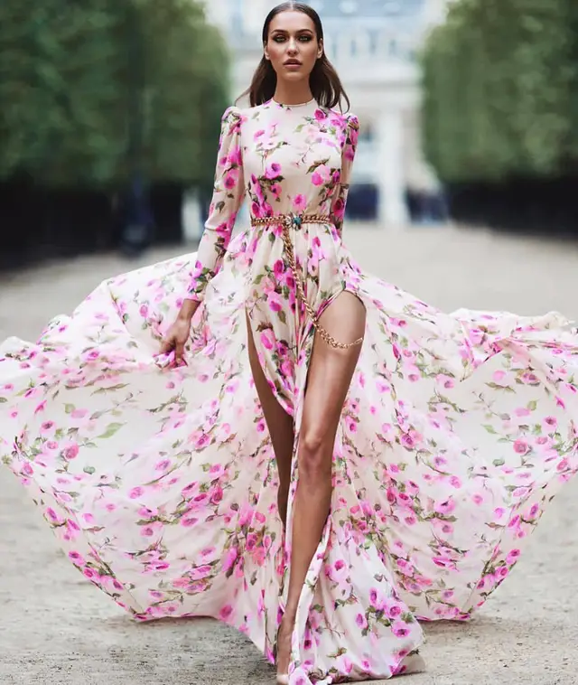 New European And American Foreign Trade Women's Clothing Printed Large Swing Dress Slit Fashionable Long Dress Beach Dress Pink Flower - Shop at LoveMi
