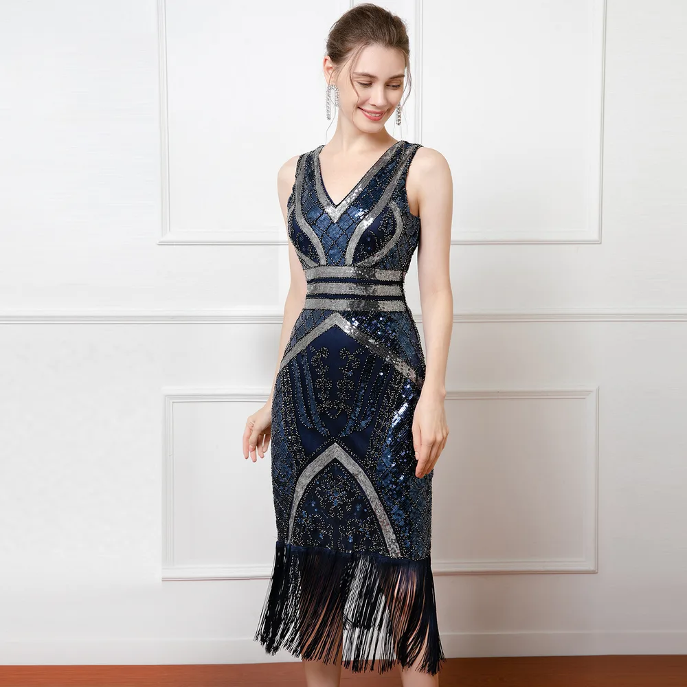 Sexy Sequined Deep V-neck Party Host Performance Wear Cocktail Party Sleeveless Mesh Dress - Dark Blue