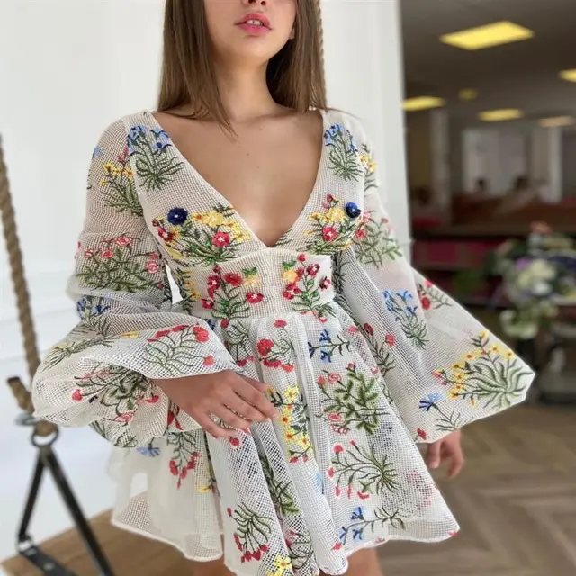 Women's Mesh Embroidery Design Lantern Sleeve Fairy Dress - Shop at LoveMi