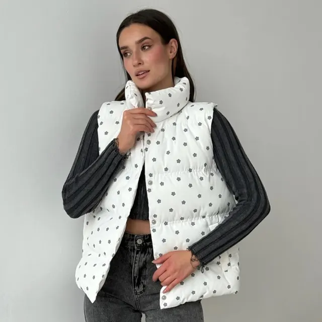 Printed Cotton padded Jacket Waistcoat European And American Women Gray - Shop at LoveMi