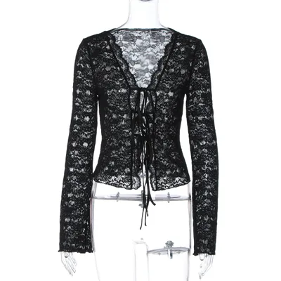 Fashion Sexy See through Hollow Cardigan Lace up Long Sleeve T shirt Black - Shop at LoveMi