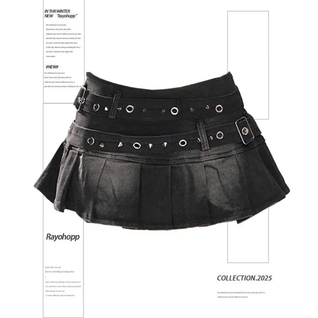 American Retro Large Size Washed Pleated Denim Skirt Black Ribbon Lining - Shop at LoveMi