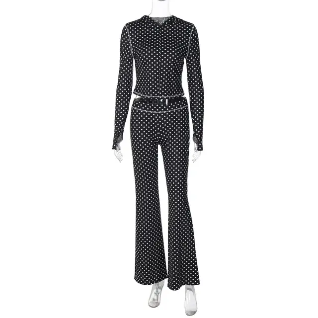 Cardigan With Dots Hooded Top Low Waist Contrast Color Trousers Suit Black - Shop at LoveMi