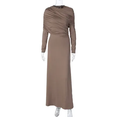 Fashionable Elegant Slim fit Pleated Irregular Long sleeved Dress Khaki - Shop at LoveMi