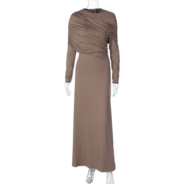 Fashionable Elegant Slim fit Pleated Irregular Long sleeved Dress Khaki - Shop at LoveMi