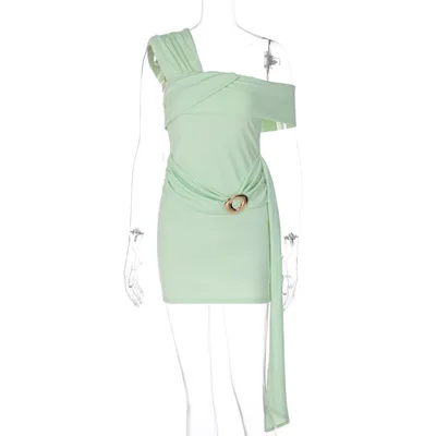 Off shoulder Pleated Ribbon Tight High Waist Dress Green - Shop at LoveMi