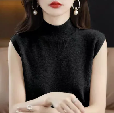 Half Turtleneck Knitted Bottoming Shirt Sleeveless Inner Match Black - Shop at LoveMi