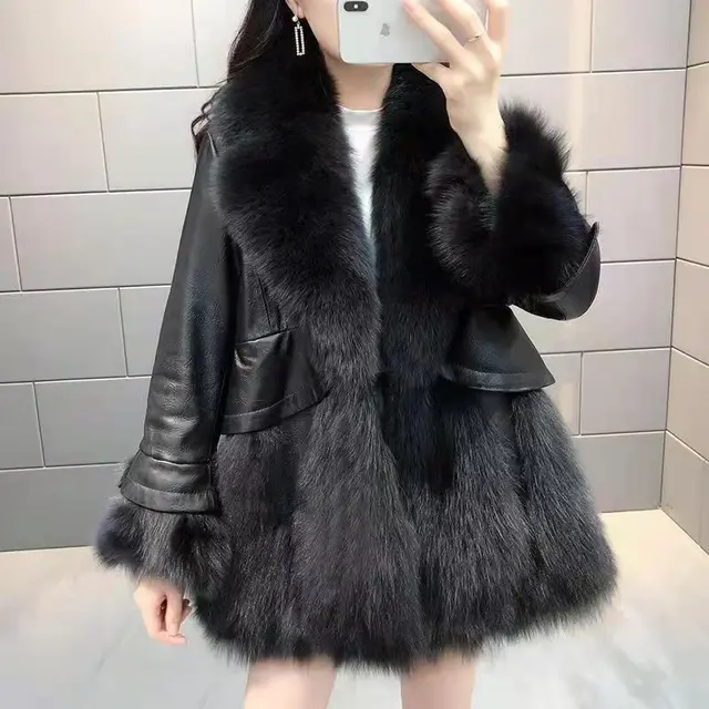 Faux Fur Mid length Fox Fur Padded Coat Black - Shop at LoveMi