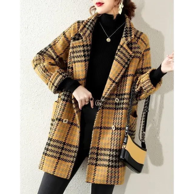 Buckle Lapel Long Sleeve Fashion Hepburn Style Woolen Coat Yellow - Shop at LoveMi