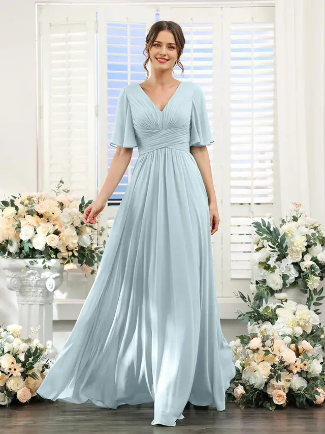 Split Mixed Satin Banquet Evening Long Dress Light Blue - Shop at LoveMi