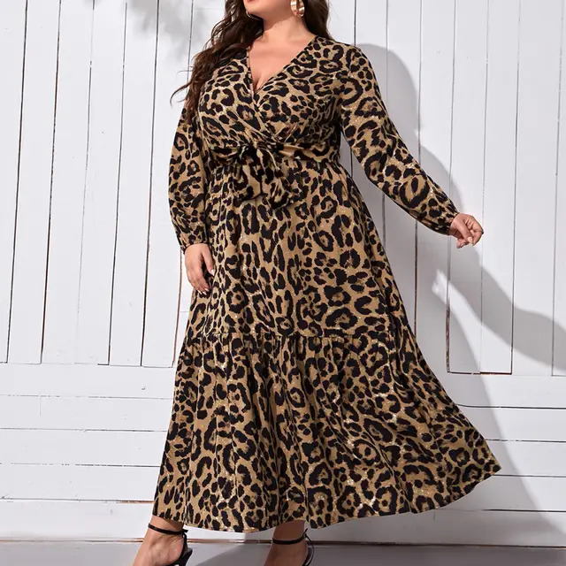 V neck Leopard Print Printed Casual Long Dress Color - Shop at LoveMi