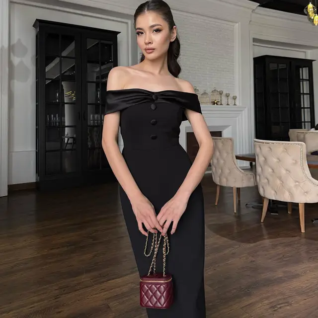 Women's Temperament Off the shoulder Gown Long Dress Black - Shop at LoveMi