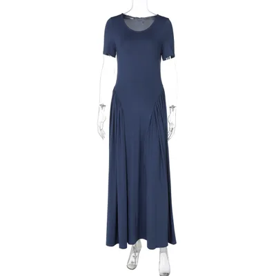 Women's Fashionable Elegant Slim fit Solid Color Short sleeved Dress Dark Blue - Shop at LoveMi