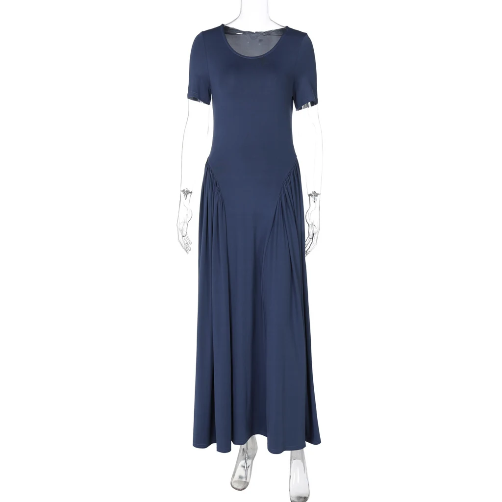 Women's Fashionable Elegant Slim-fit Solid Color Short-sleeved Dress - Dark Blue