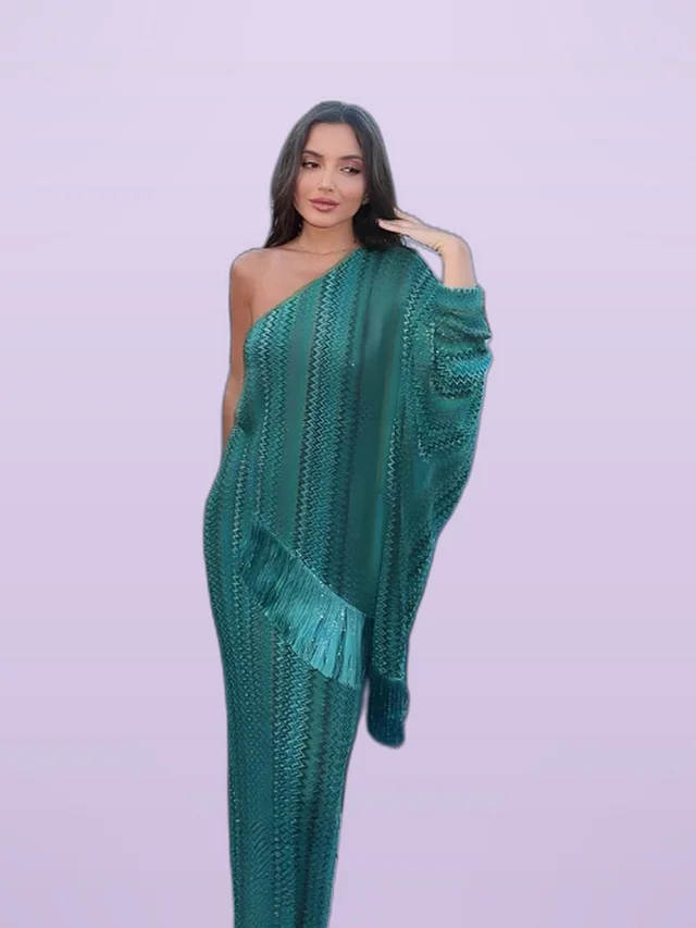 Bohemian style Serrated Striped Tassel Hem Set One Shoulder Dress - Shop at LoveMi