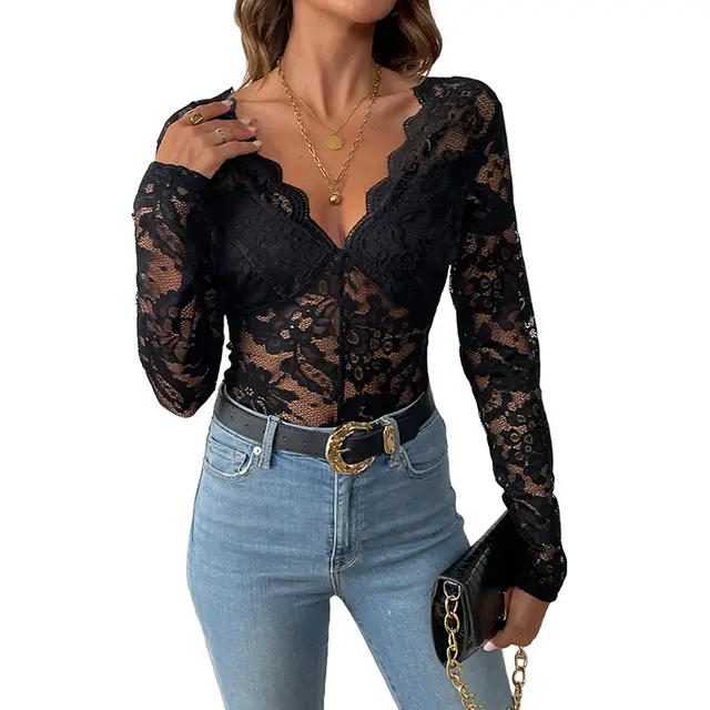 Sexy Elegant Graceful Solid Color Long Sleeve Lace Jumpsuit Black - Shop at LoveMi