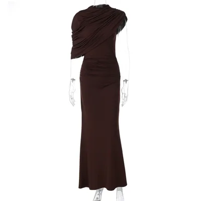 Slant Shoulder Design Skinny Sheath Pleated Irregular Dress Brown - Shop at LoveMi