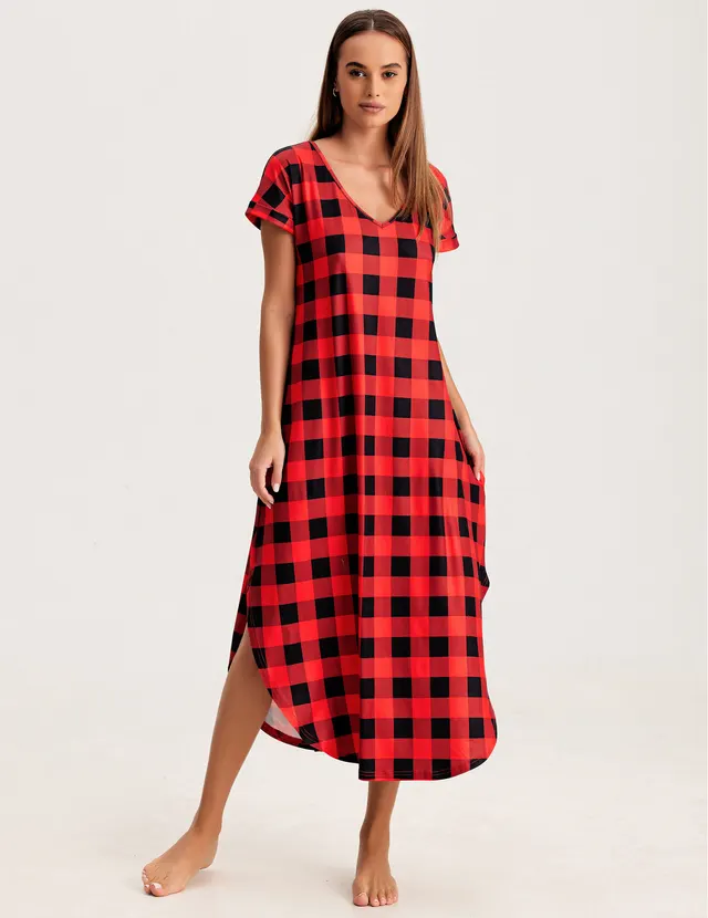 V neck Split Irregular Hem Homewear Pajamas For Women Red And Black Plaid Printed - Shop at LoveMi