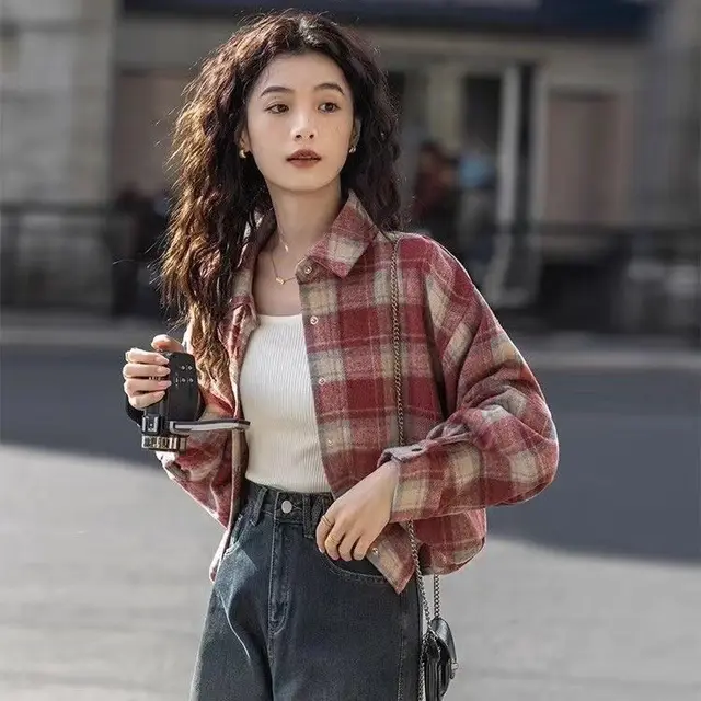 Retro Brushed Loose Plaid Short Long Sleeve Coat Burgundy Wine Red - Shop at LoveMi