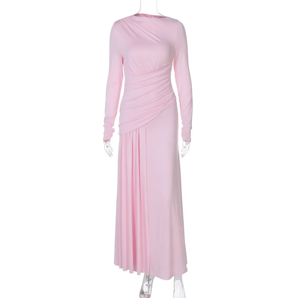 Elegant Slim Pleated Zipper Round neck Long sleeved Dress Pink - Shop at LoveMi